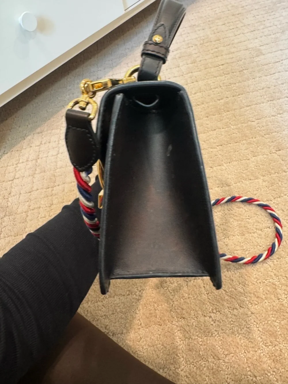 Gucci Black Leather Mini Top-Handle Bag with Green & Red Stripe - Picture 9 of 13